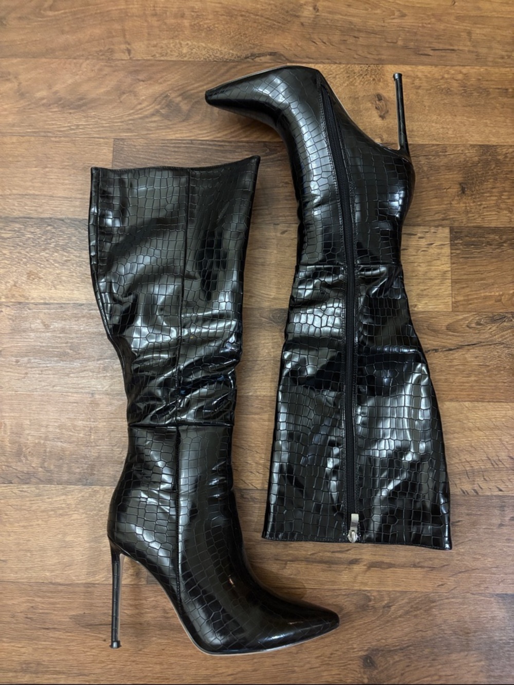 Black Croc-Embossed Over-the-Knee Stiletto Boots - Women's